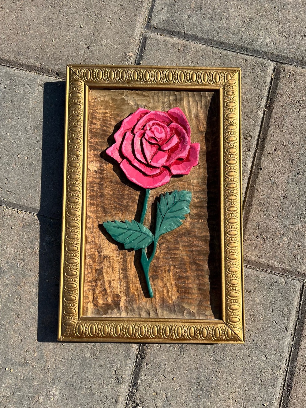 Vintage Hand Carved Wood Rose Wall Art 3D Relief Pink Floral Wall Plaque framed
